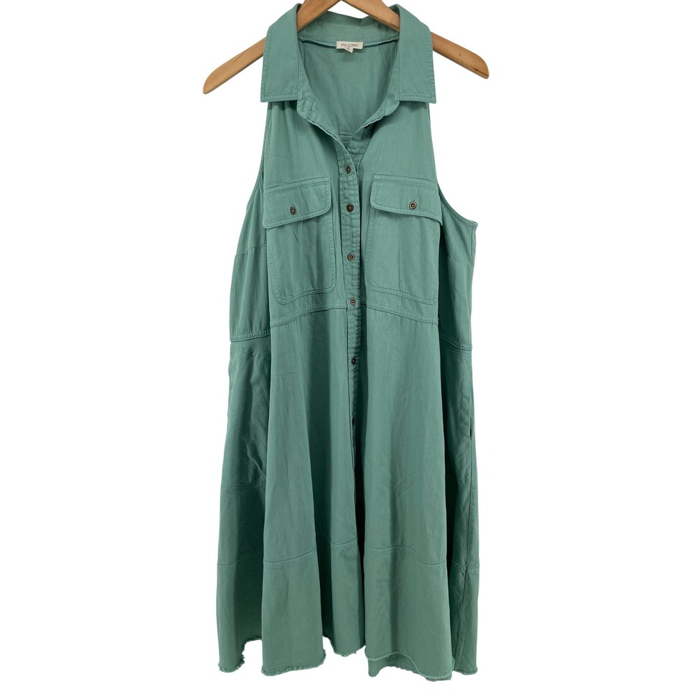 Sleeveless Button-Front Green Shirt Dress